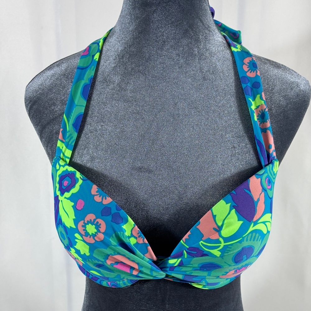 aerie Floral Halter Bikini Top in Blue, Green, Purple, Pink